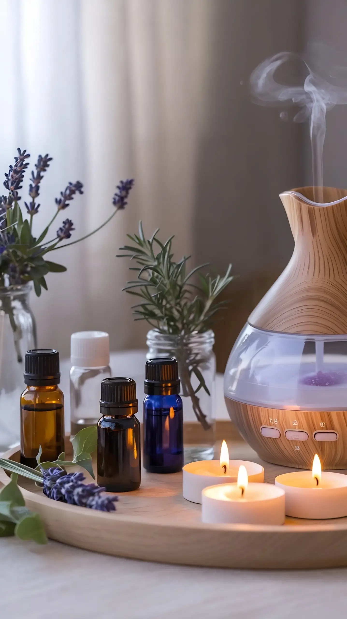 Wood-grain diffuser releasing mist beside essential oil bottles, lavender sprigs, and lit tea light candles on a tray.