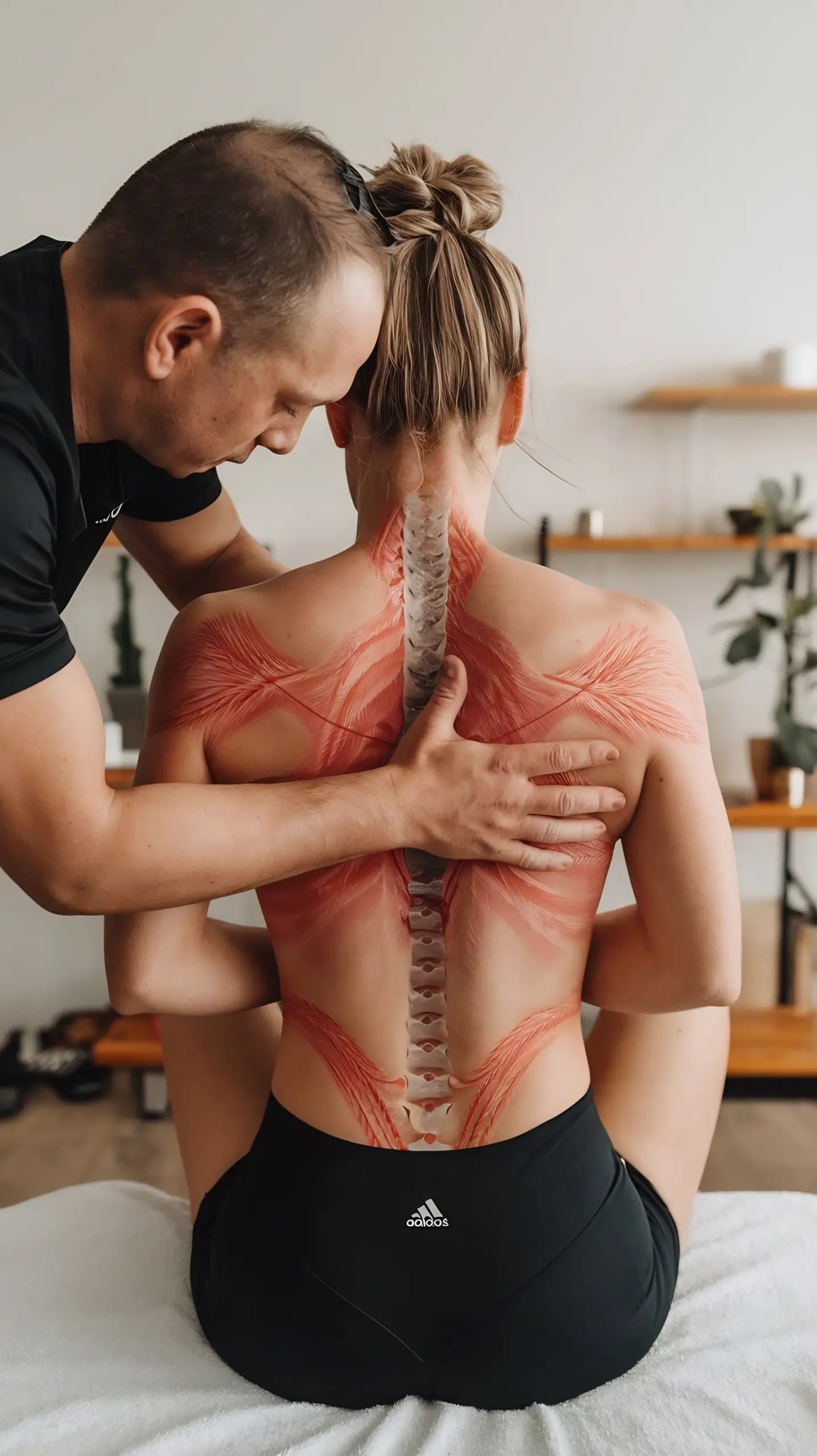 Massage therapist places hand on a seated client's upper back, shown with an anatomical overlay of spine and back muscles.