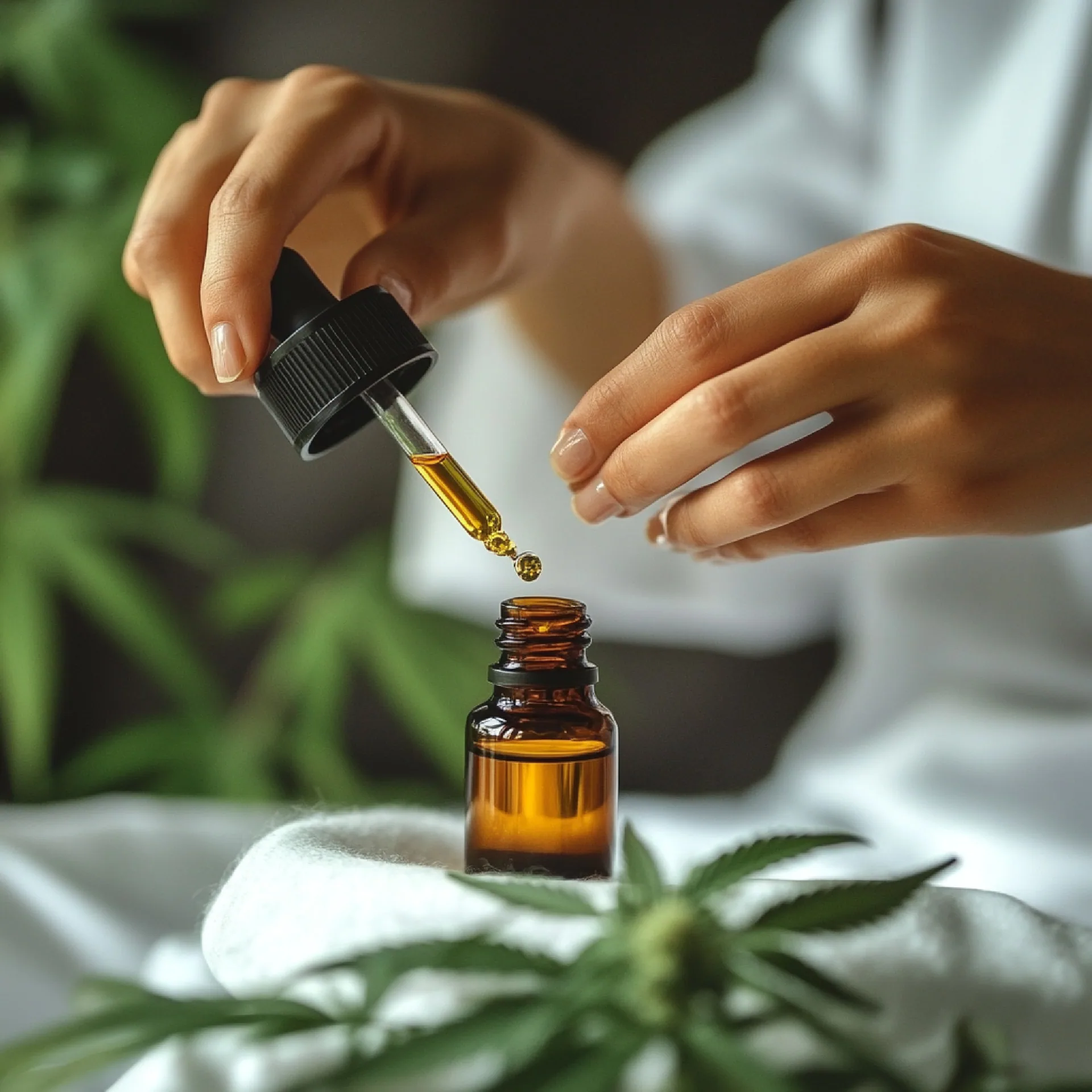 Hands holding a dropper releasing a drop of CBD oil into an amber bottle, with hemp leaves and white towels nearby.