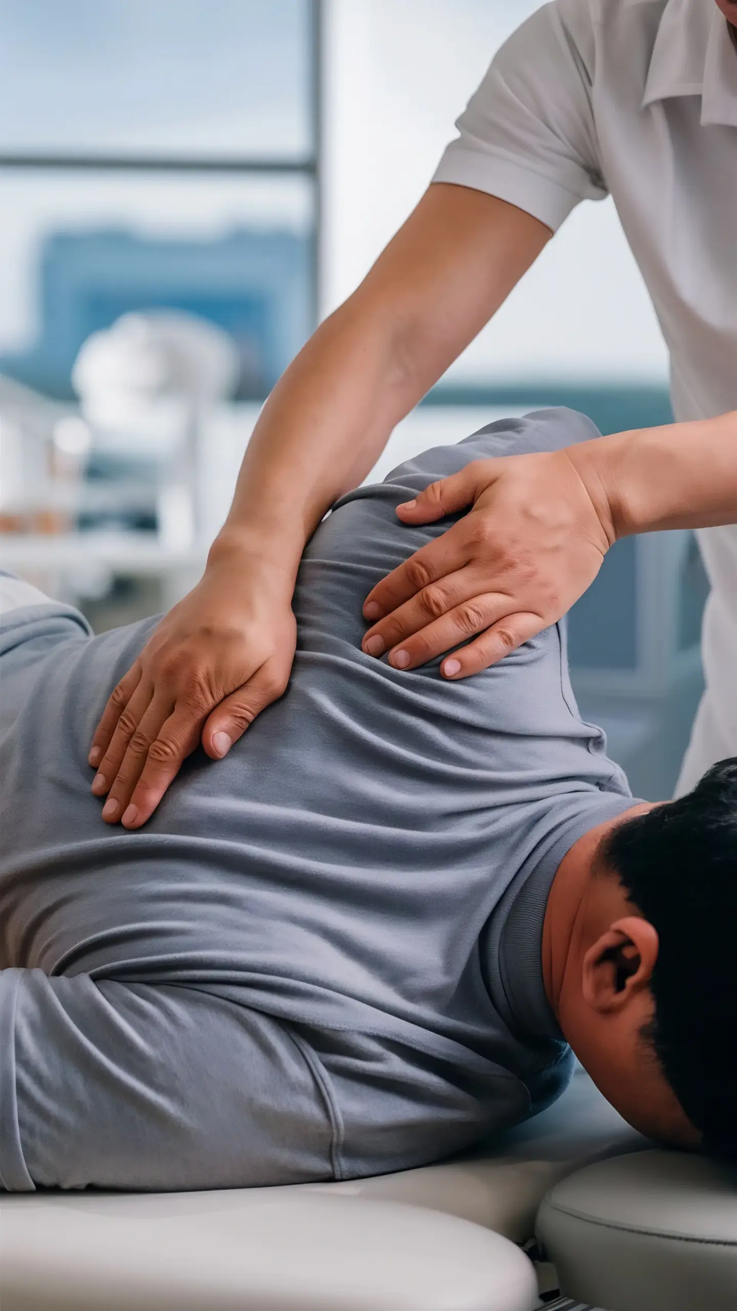 Chiropractor's hands pressing on a patient's upper back as he lies face down on a treatment table.
