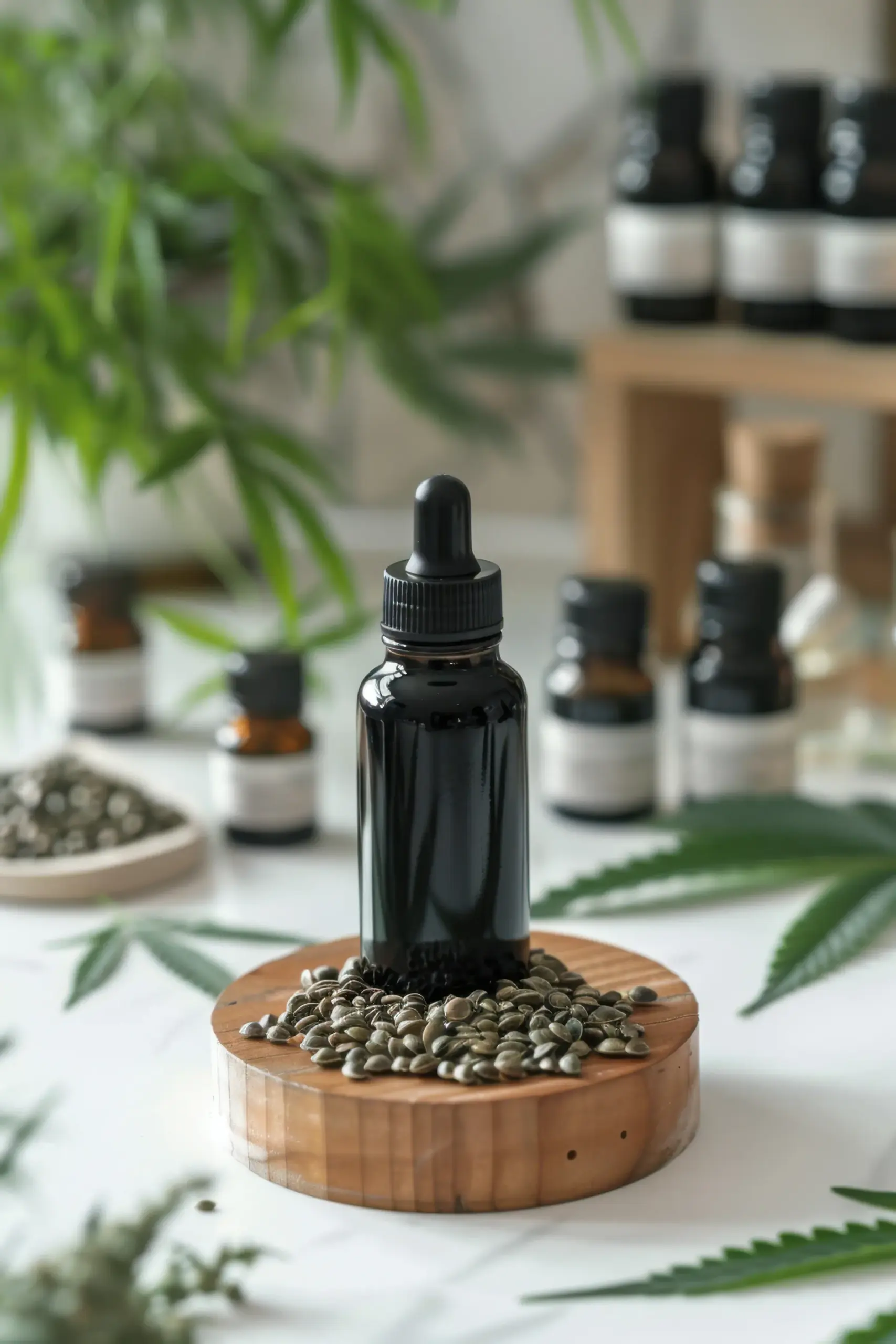 Black dropper bottle of hemp oil on a wooden riser surrounded by hemp seeds and green hemp leaves