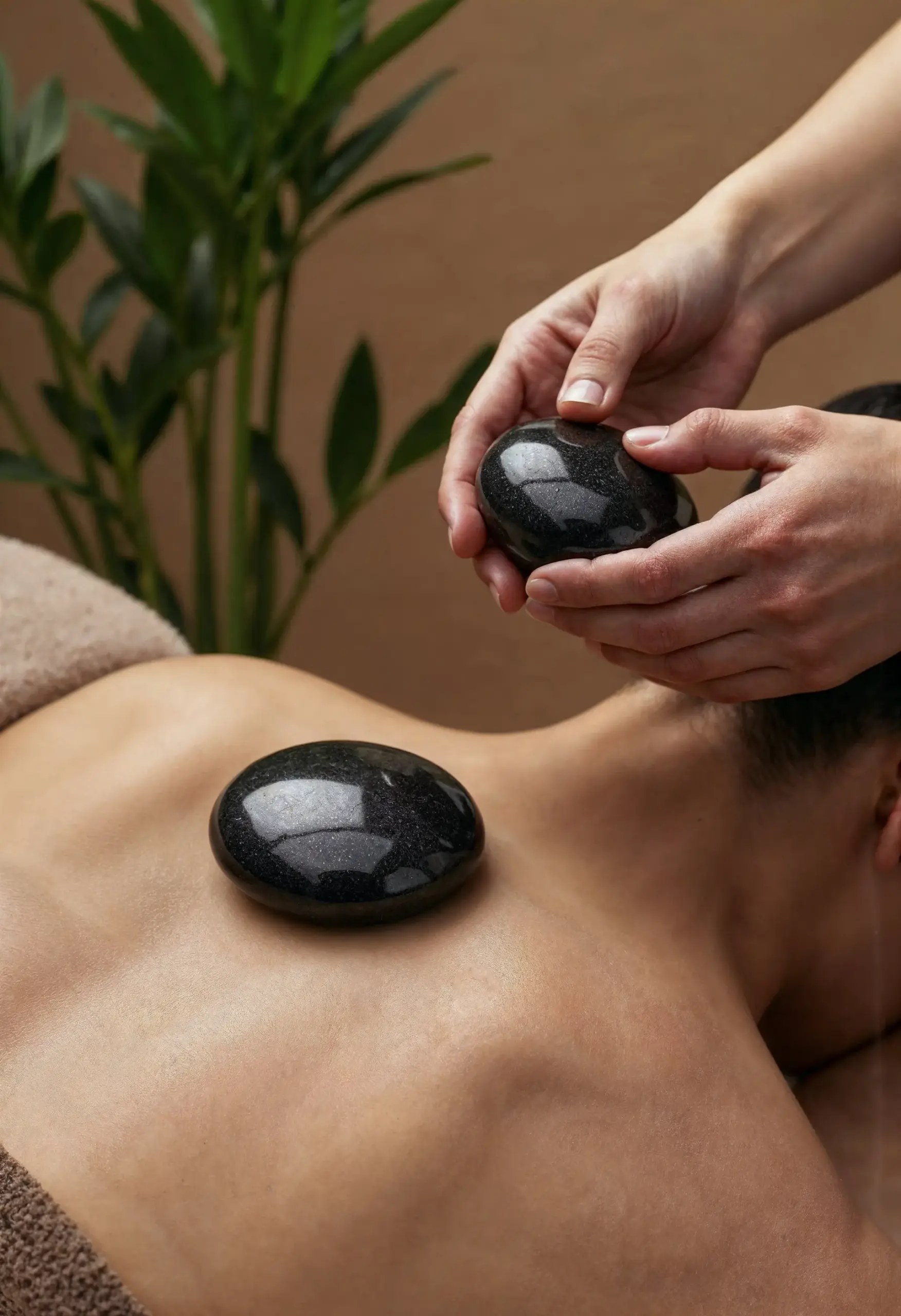 Massage therapist holding a smooth black basalt stone above a client with a stone resting on their upper back.
