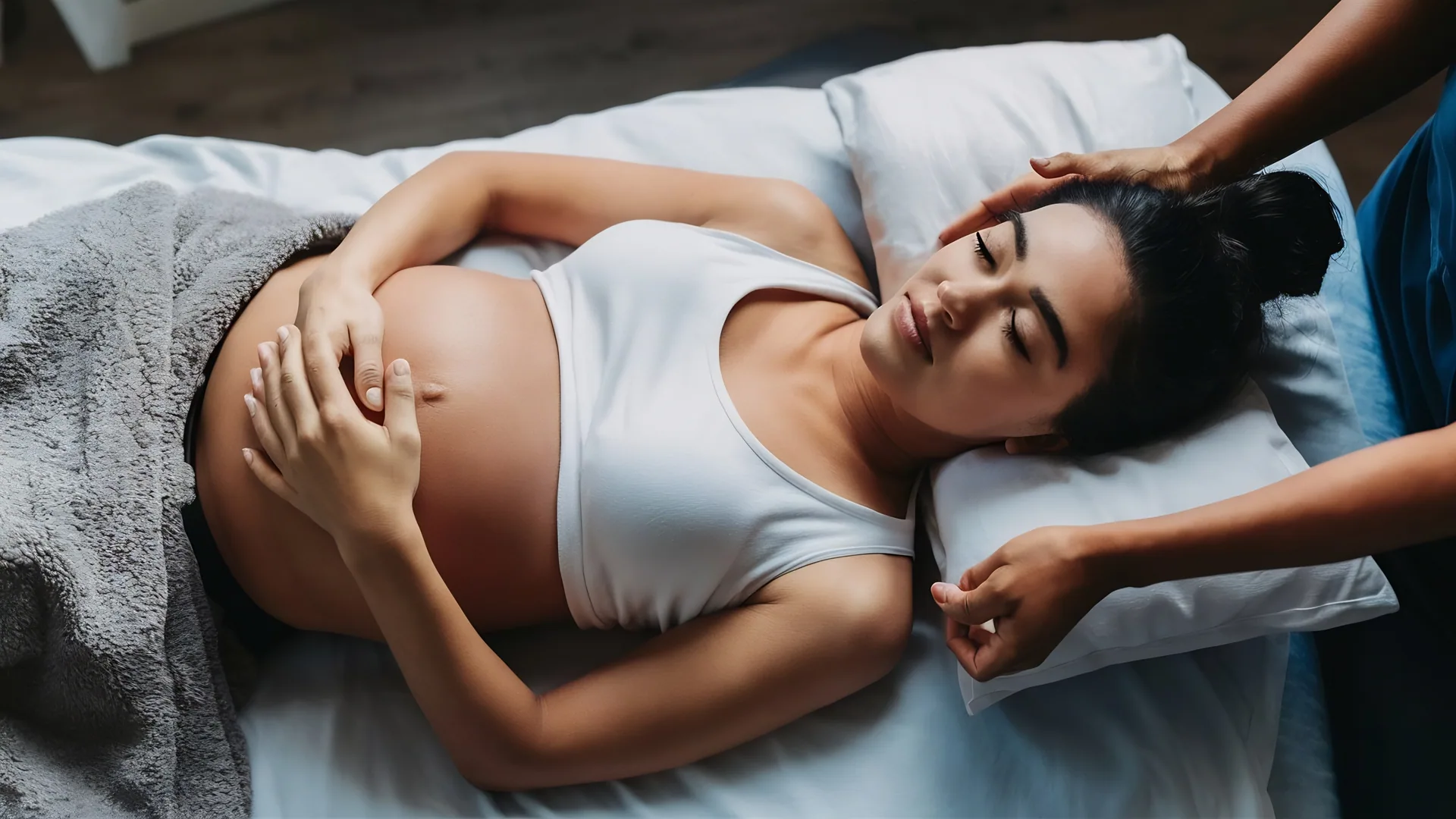 Pregnant woman lying on a massage table while a therapist supports her head and neck during a prenatal massage.