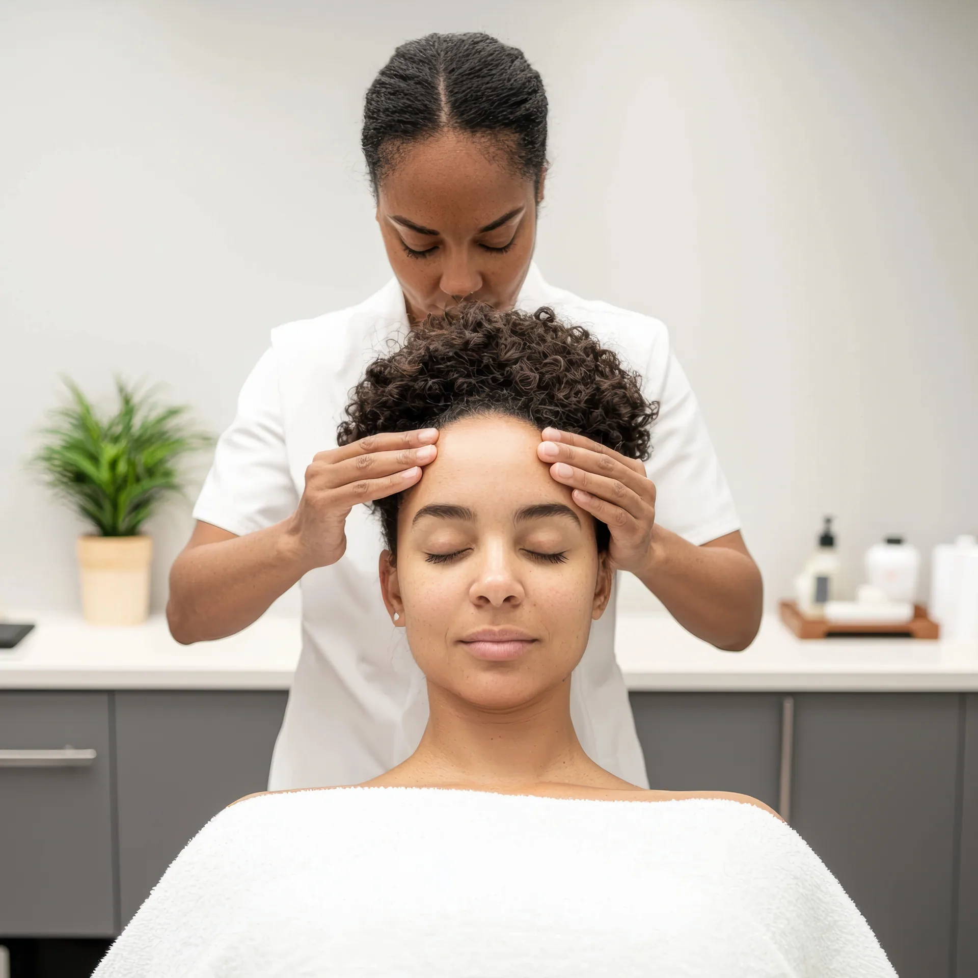 Massage therapist presses fingertips to a client's forehead and scalp while the client relaxes with eyes closed.