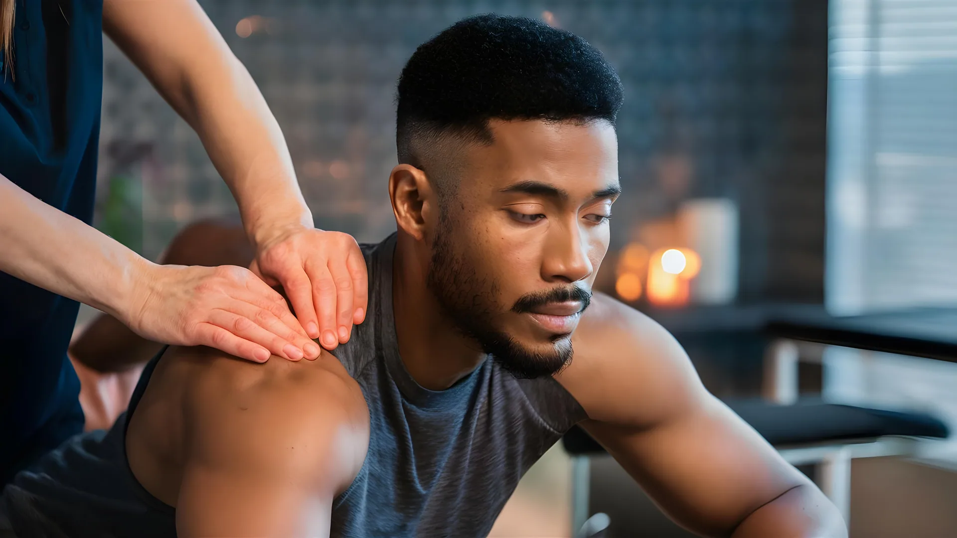 Therapist's hands pressing on the shoulder of a seated man in a gray tank top during a massage session.