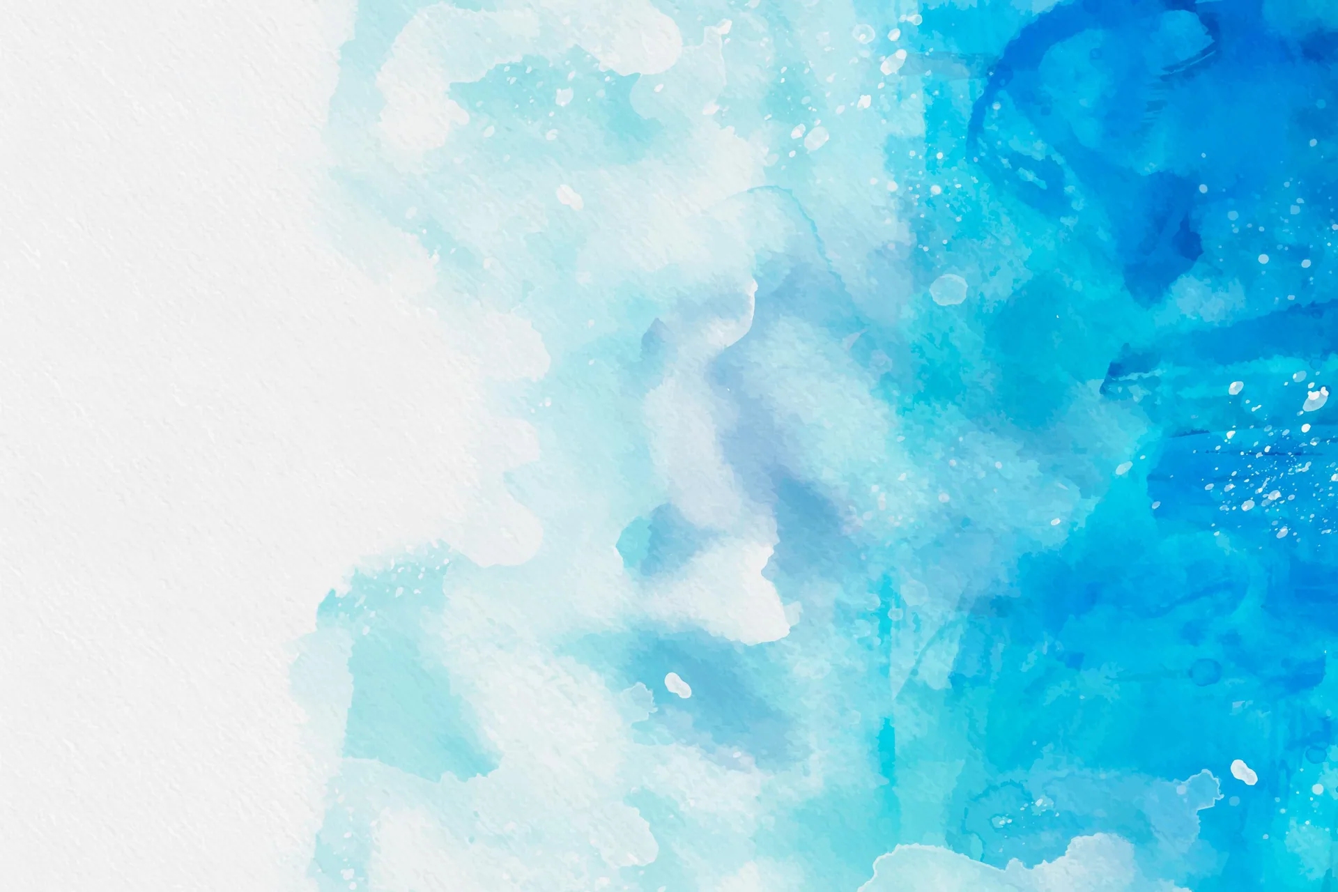 Abstract watercolor texture fading from white on the left to deep turquoise and blue with small white paint splatters on the